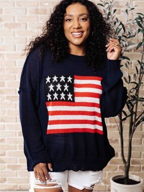 White Birch American Flag Lightweight Sweater Knit Pullover 1X
